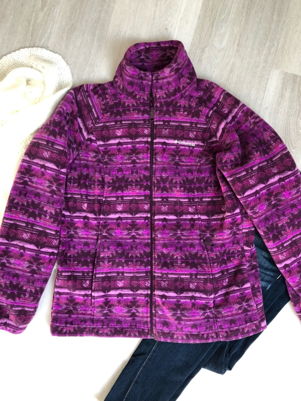 💕💜Columbia Fair Isle Purple Pink Fleece Zip Up Jacket Size Large